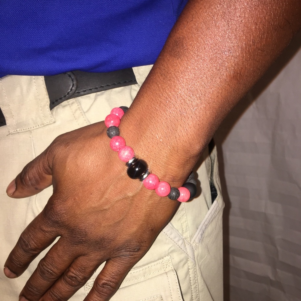 Men’s Black and Coral Colored  Rainbow Obsidian Bracelet
